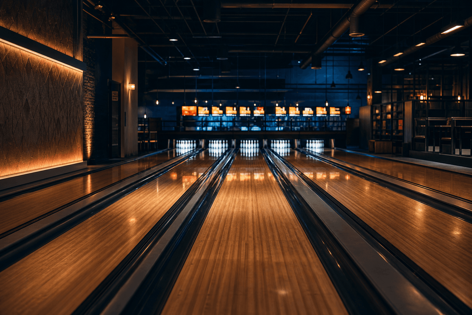 Bowling lanes under warm league-night lights